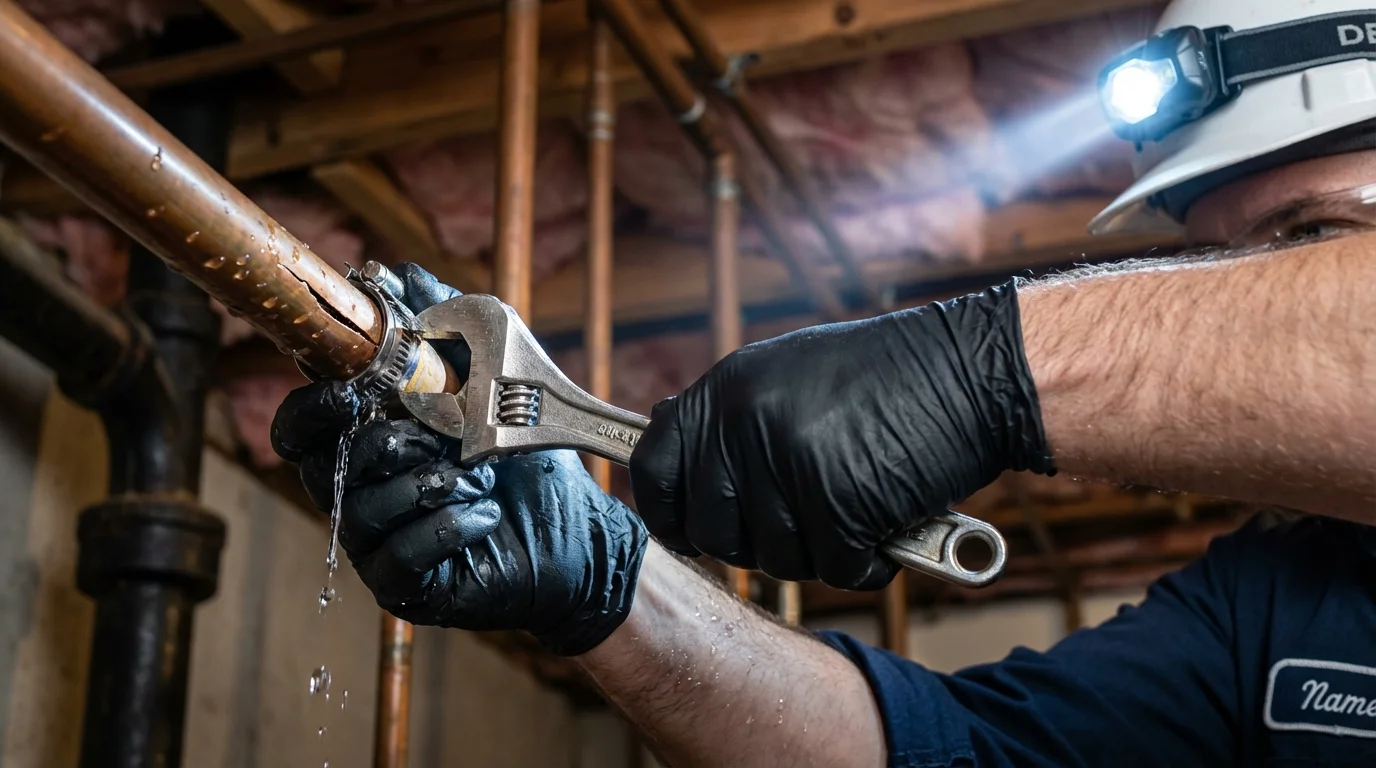 Emergency pipe clamp repair being performed by a Johns Plumbing LLC plumber in Hardwick