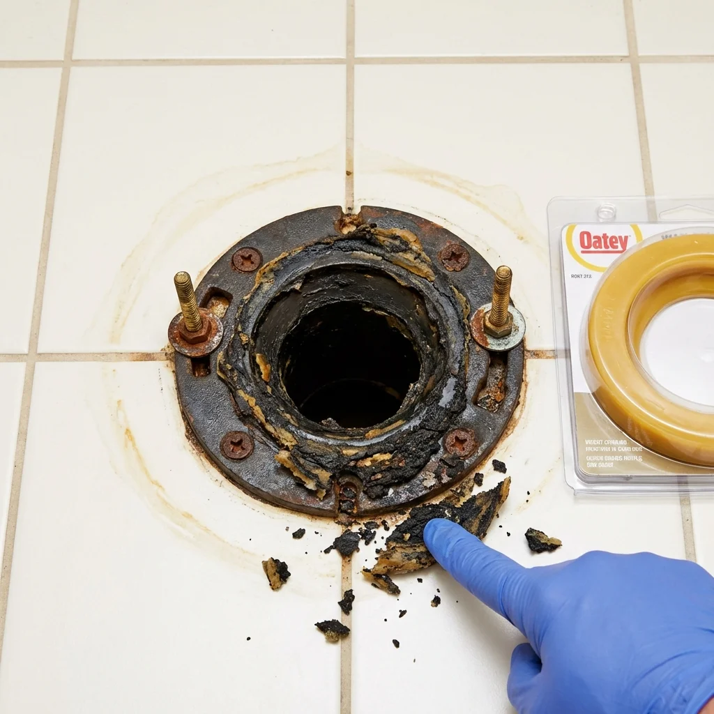 Failed wax ring showing water seepage at the base of a toilet in a Hardwick, VT home