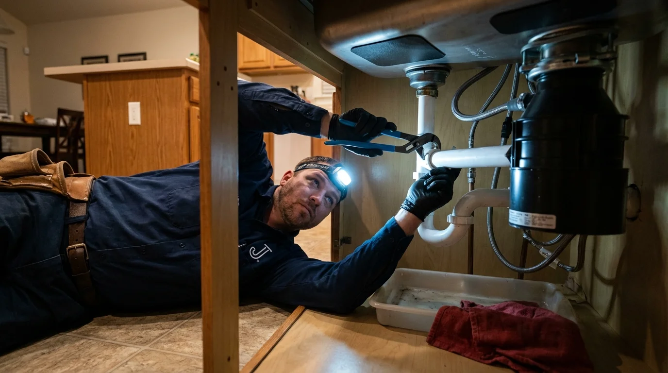P-trap and supply line connections under a kitchen sink showing a common leak point in Hardwick, VT